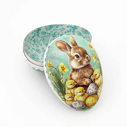 3-1/2" Aqua Bunny with Chicks Papier Mache Easter Egg Container ~ Germany